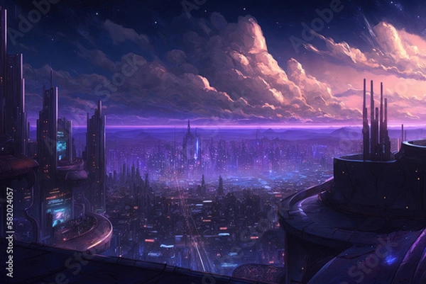 Fototapeta City Night Scenery. Clear Sunny day, Sky with Movie Atmosphere and Wonderful Cloud, Beautiful Colorful Landscape, Anime Comic Style Art. For Poster, Novel, UI, WEB, Game, Design
