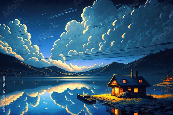 Fototapeta Sweet Home at serene Paradise. Clear Sunny day, Sky with Movie Atmosphere and Wonderful Cloud, Beautiful Colorful Landscape, Anime Comic Style Art. For Poster, Novel, UI, WEB, Game, Design