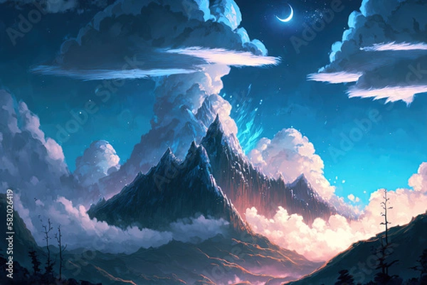 Fototapeta Journey at Wild Nature. Clear Sunny day, Sky with Movie Atmosphere and Wonderful Cloud, Beautiful Colorful Landscape, Anime Comic Style Art. For Poster, Novel, UI, WEB, Game, Design