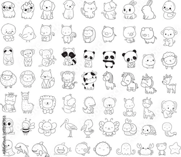 Fototapeta Woodland Animals Bundle Coloring Forest , Head Animal, Big collection of decorative for kids,baby characters, card,hand drawn, cartoon style.vector illustration