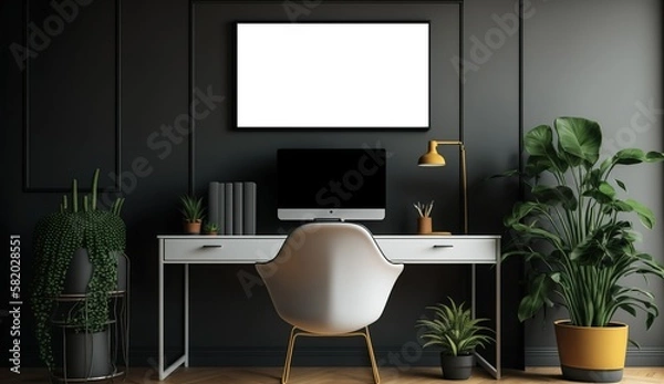 Obraz Explore Modern Study Home Interior with Elegant Furnishing: Desktop, Chair, and Computer on a Mockup Horizontal Frame