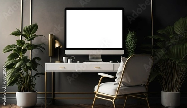 Obraz Explore Modern Study Home Interior with Elegant Furnishing Desktop, Chair, and Computer on a Mockup Horizontal Frame