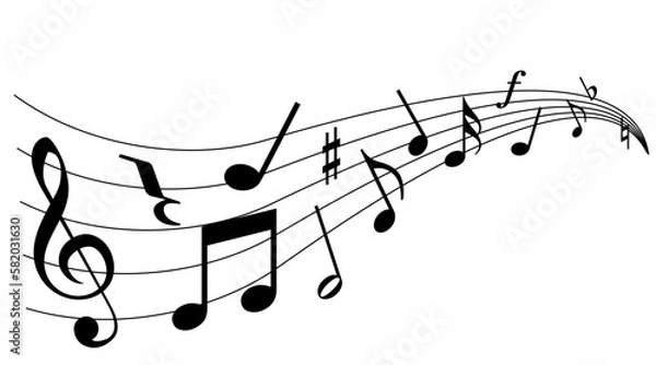 Obraz メロディーが流れる、譜面のウェーブ。ト音記号と音符の楽譜イラスト。