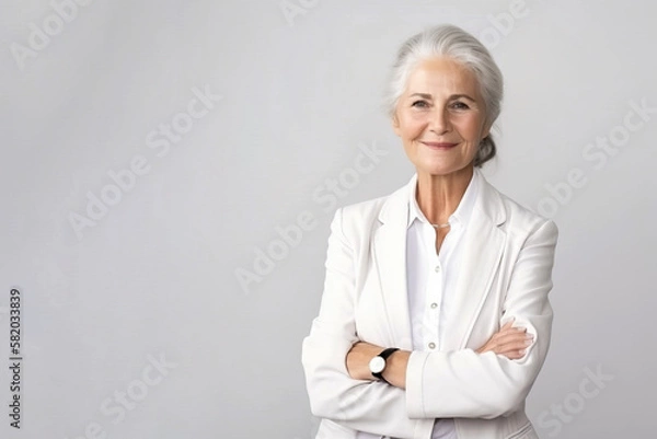 Fototapeta Portrait of a confident elder businesswoman in a suite on the solid white background. Copy space around.
