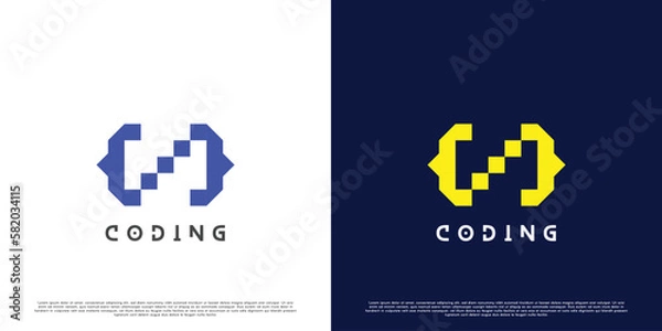 Obraz Code coding logo design illustration. Modern html pixel coder abstract silhouette in technology. Simple flat design.