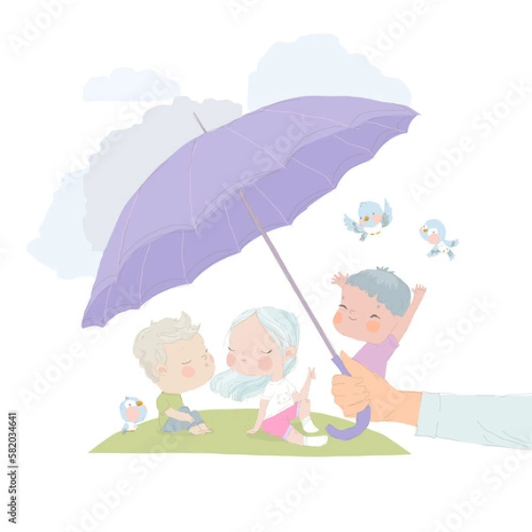 Fototapeta Cartoon Happy Kids enjoying under Big Umbrella