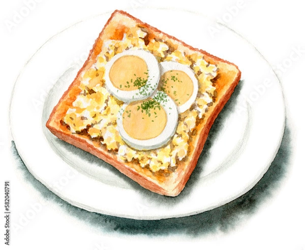 Fototapeta アナログ水彩たまごサラダとゆで卵の輪切りを乗せたトースト