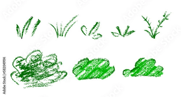 Obraz vector green simple crayon grass, set 8 isolated on white