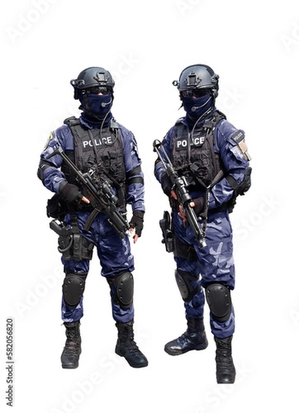 Fototapeta Police special unit standing arm with automatic weapon.
