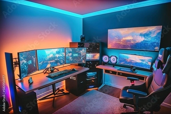 Fototapeta High-Tech Video Gaming Room with Complete Setup.