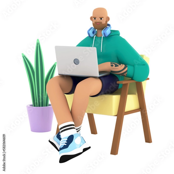 Fototapeta 3D illustration of handsome man sitting and working with laptop at home. Online education, remote working, marketing, blogging  and social media concept. Rendering image on white background.