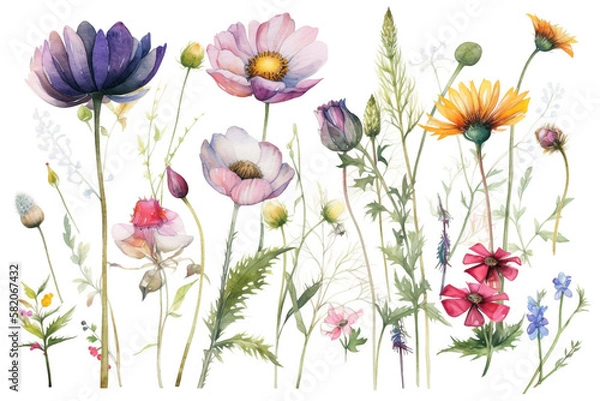 Fototapeta delicate watercolor beautiful meadow flowers on white background. generative ai 