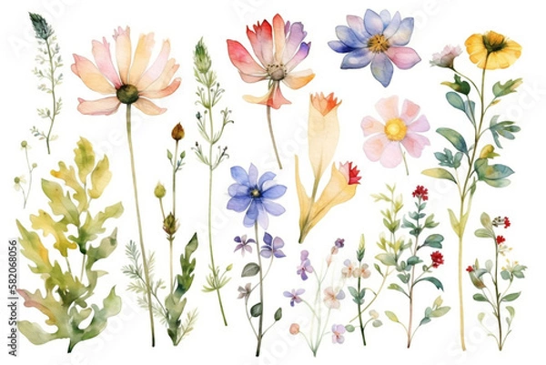 Fototapeta delicate watercolor beautiful meadow flowers on white background. generative ai 