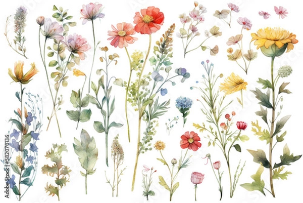 Fototapeta delicate watercolor beautiful meadow flowers on white background. generative ai