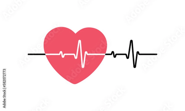 Obraz Red heart with a pulse line on a white background. Heart pulse, lone heartbeat, cardiogram. Healthy lifestyle. Vector illustration in a flat style.