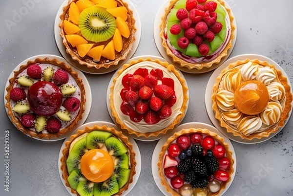 Obraz Exquisite Fruit Tart, Showcasing Various Colors, a Sumptuous Dessert Bursting with Vibrant Fruit Flavors, created with Generative AI technology