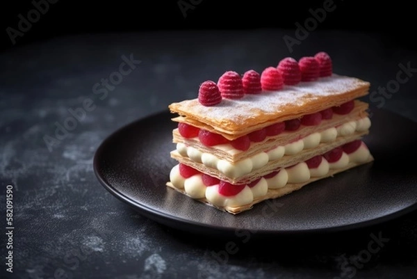 Obraz Decadent Mille-Feuille, Arrangement Showcasing Delicate Layers of Puff Pastry and Cream, created with Generative AI technology