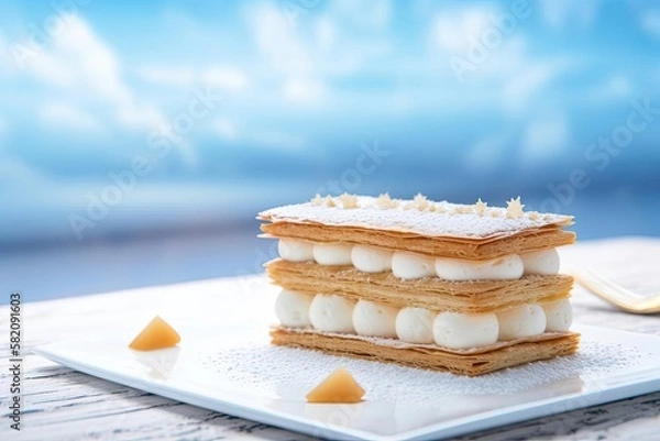 Obraz Decadent Mille-Feuille, Arrangement Showcasing Delicate Layers of Puff Pastry and Cream, created with Generative AI technology