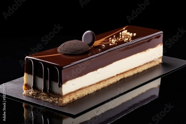Obraz Sophisticated Opera Cake, Showcasing Beige and Chocolate Layers, created with Generative AI technology
