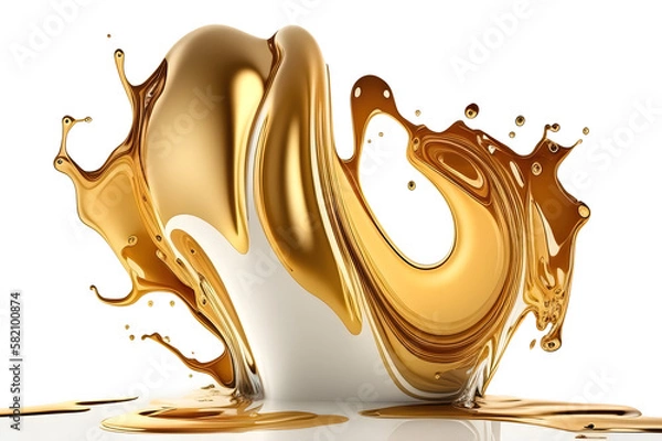 Fototapeta Gold liquid metallic splashes on white background. Abstract shape. Generative AI