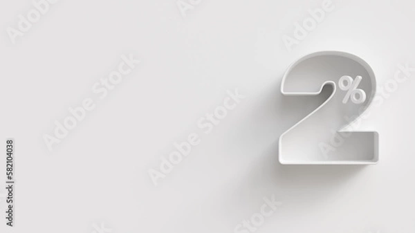 Fototapeta White 3d 2 (two) percent on white background. For advertising promotion, 3d financial concept design. Promotional materials. 2% interest special offer. Symbol icon with percentage.