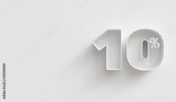 Fototapeta White 3d 10 (ten) percent on white background. For advertising promotion, 3d financial concept design. Promotional materials. 10% interest special offer. Symbol icon with percentage.