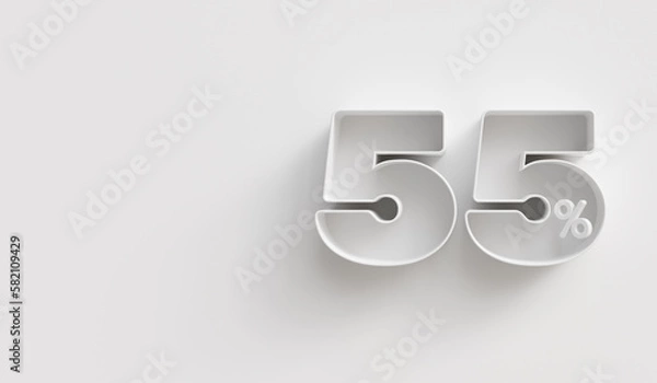 Fototapeta White 3d 55 (fifty-five) percent on white background. For advertising promotion, 3d financial concept design. Promotional materials. 55% interest special offer. Symbol icon with percentage.