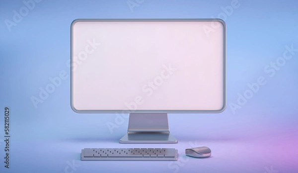 Fototapeta Monitor with a white screen isolated on gradient background. Desktop 3d render. Office computer.