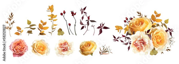 Fototapeta Autumn bouquet. Vector fall watercolor yellow, orange, pink rose flower, cream dahlia, carnation, eucalyptus leaves, branches editable illustration. Wedding invite, thanksgiving decorative element set