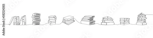 Obraz Set of several stacks of books one line art. Continuous line drawing of book, library, education, school, study, literature, paper, textbook, knowledge, read, learn, page reading