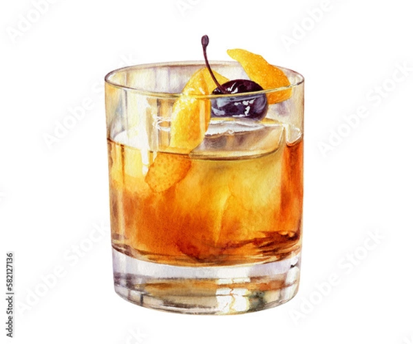 Fototapeta Old Fashioned cocktail in a rocks glass with a Luxardo Cherry watercolor illustration isolated on white background