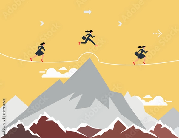Fototapeta Learn professional work experience. Group of business women running and jumping over the mountain peaks on the way to the best professional position.