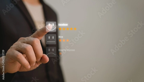 Fototapeta businessman check excellent feedback on screen for evaluate in service and great support, concept picture of customer satisfaction and excellent evaluation.