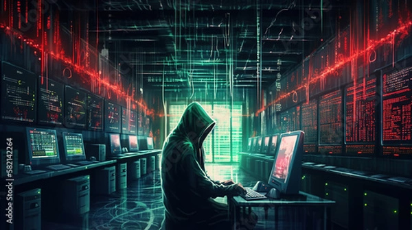Fototapeta A hacker in a data center. network security. generative ai.