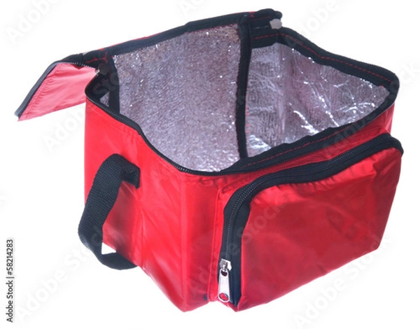 Fototapeta open view of red cooling bag  isolated over white