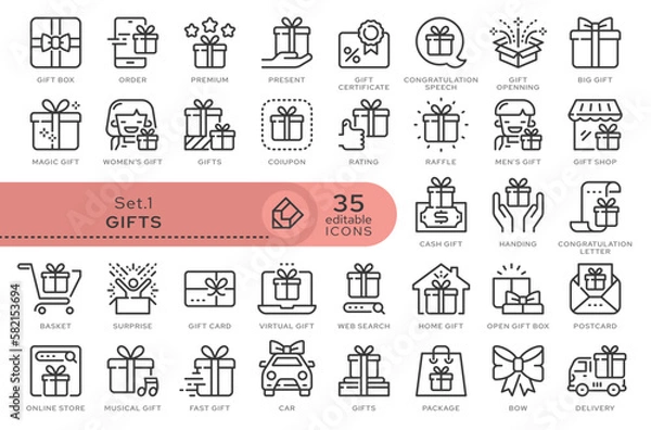Fototapeta Set of conceptual icons. Vector icons in flat linear style for web sites, applications and other graphic resources. Set from the series - Gift and Present. Editable outline icon.	