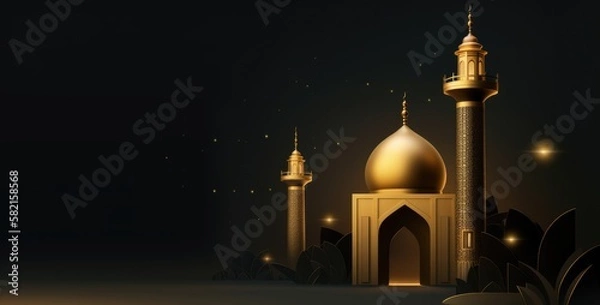 Fototapeta A black background with a golden mosque and a mosque with a dome and a light on it. Generative AI