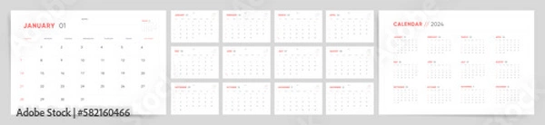 Obraz 2024 Calendar template design. Week starts on Sunday office calendar. Desktop planner in simple clean style. Corporate or business calendar. English vector calendar layout.	