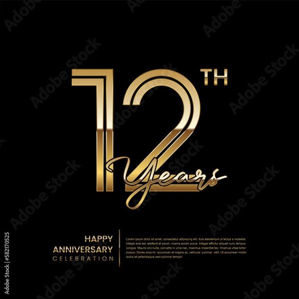 Fototapeta 12th anniversary logo with double line style. Gold line art design. Logo Vector Template