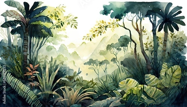Fototapeta Watercolor illustration lush Amazon forest landscape, painted in harmonious colors, picturesque, calming natural environment. Intricate details and textures of the foliage and wildlife. Generative AI.