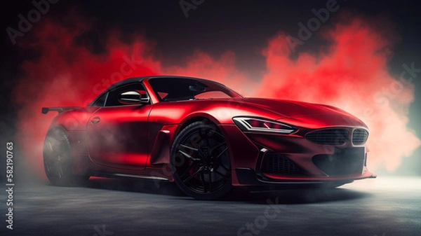Obraz luxury red sport car wallpaper on smoke background Generative AI