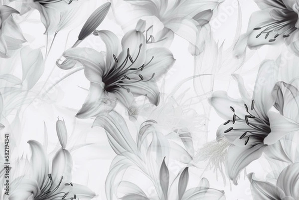 Fototapeta Soft and subtle gray and white lily flowers with delicate stems, on white background, seamless pattern texture Generative AI