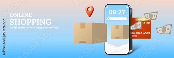 Fototapeta Parcel packaging boxes fly out of cloud on smartphone screen. Credit card inserted in smartphone with banknotes. Online shopping concept 3d vector.