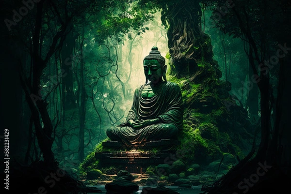 Fototapeta A buddha statue sitting in the middle of a forest. Generative AI