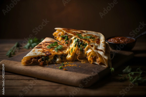 Obraz Side view of a cheesy quesadilla - AI technology
