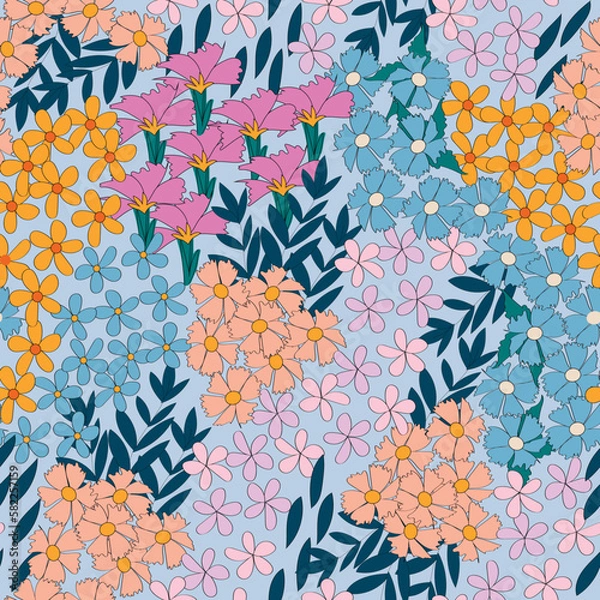 Fototapeta Hand drawn floral seamless pattern, vector. Summer, botanical backgroud 