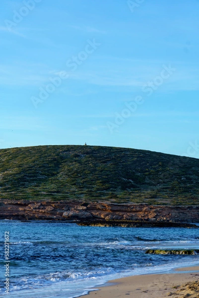 Obraz A stunning view of a tranquil beach with small waves gently rolling onto the shore, surrounded by tropical greenery and a majestic mountain in the distance