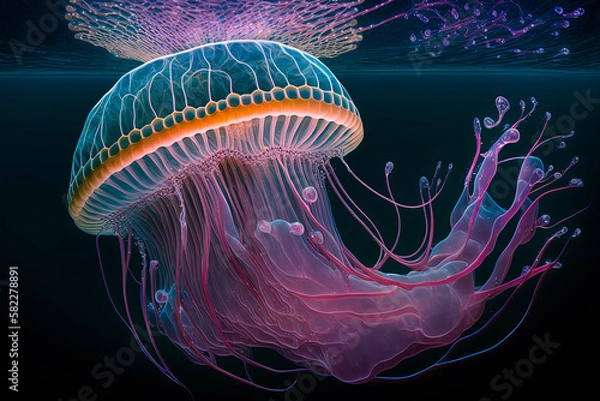 Fototapeta A purple jellyfish that is floating in the water. Generative AI