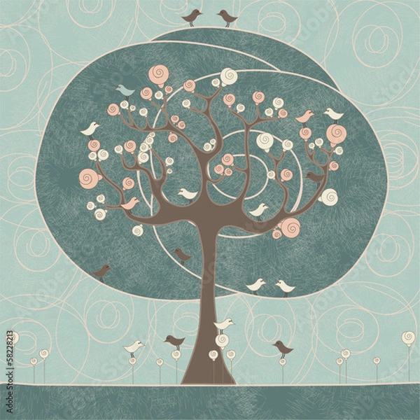 Fototapeta Abstract tree with birds and roses on blue background. Vector