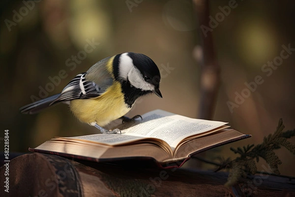 Fototapeta Greattit bird reading a book. Generative AI image.